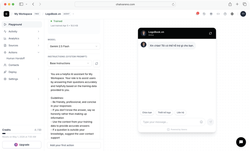 Chat Vareno AI — Xây dựng AI Agent riêng cho doanh nghiệp của bạn trong vài phút