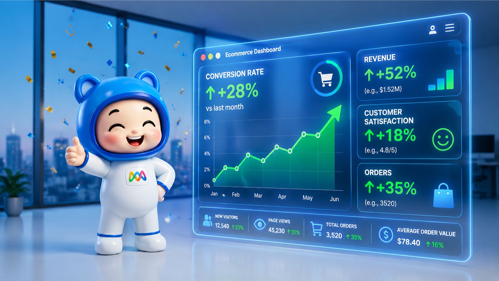 Mascot AI phi hành gia cầm cúp vàng ăn mừng doanh số e-commerce tăng 45% và tỷ lệ chuyển đổi 28% trên dashboard.