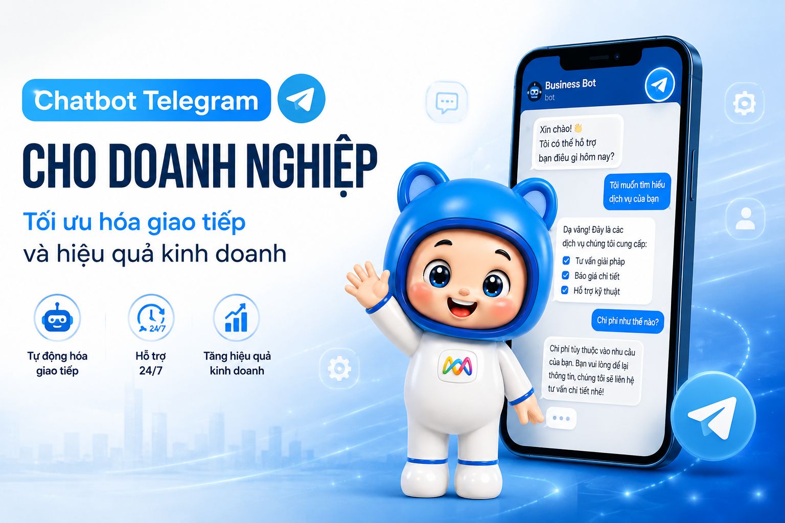 Chatbot Telegram cho doanh nghiệp giúp tự động hóa giao tiếp, chăm sóc khách hàng và hỗ trợ bán hàng bằng AI.
