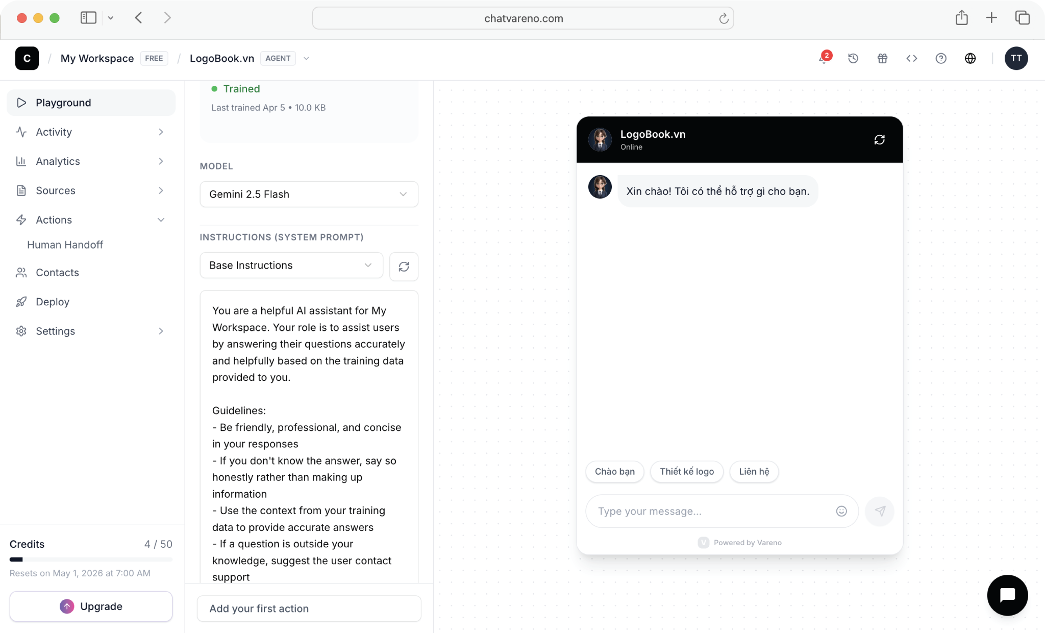 Chat Vareno AI — Xây dựng AI Agent riêng cho doanh nghiệp của bạn trong vài phút