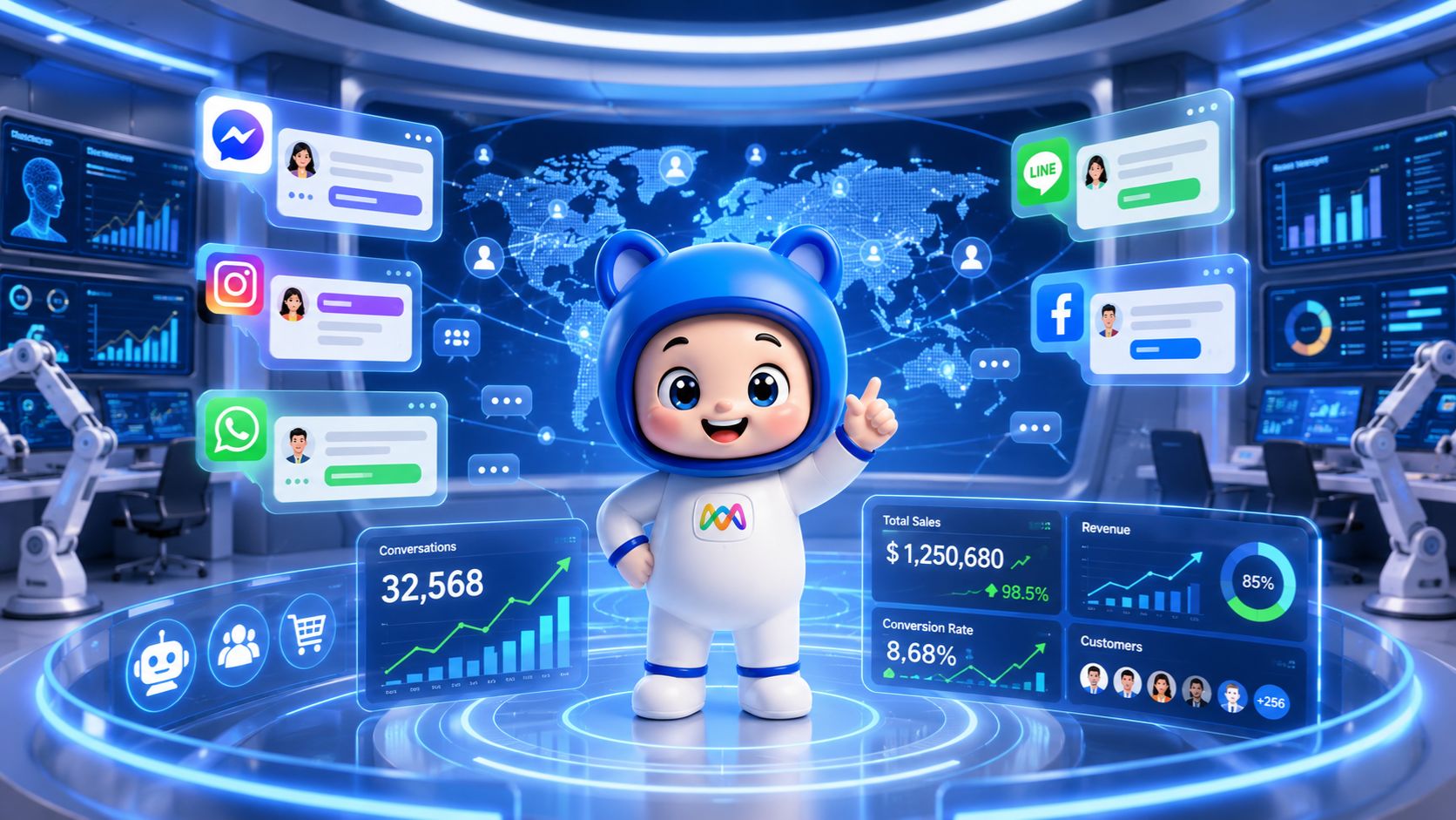 Mascot AI phi hành gia minh họa quy trình funnel thương mại xã hội từ bình luận công khai đến tin nhắn riêng tư đến trang thanh toán.