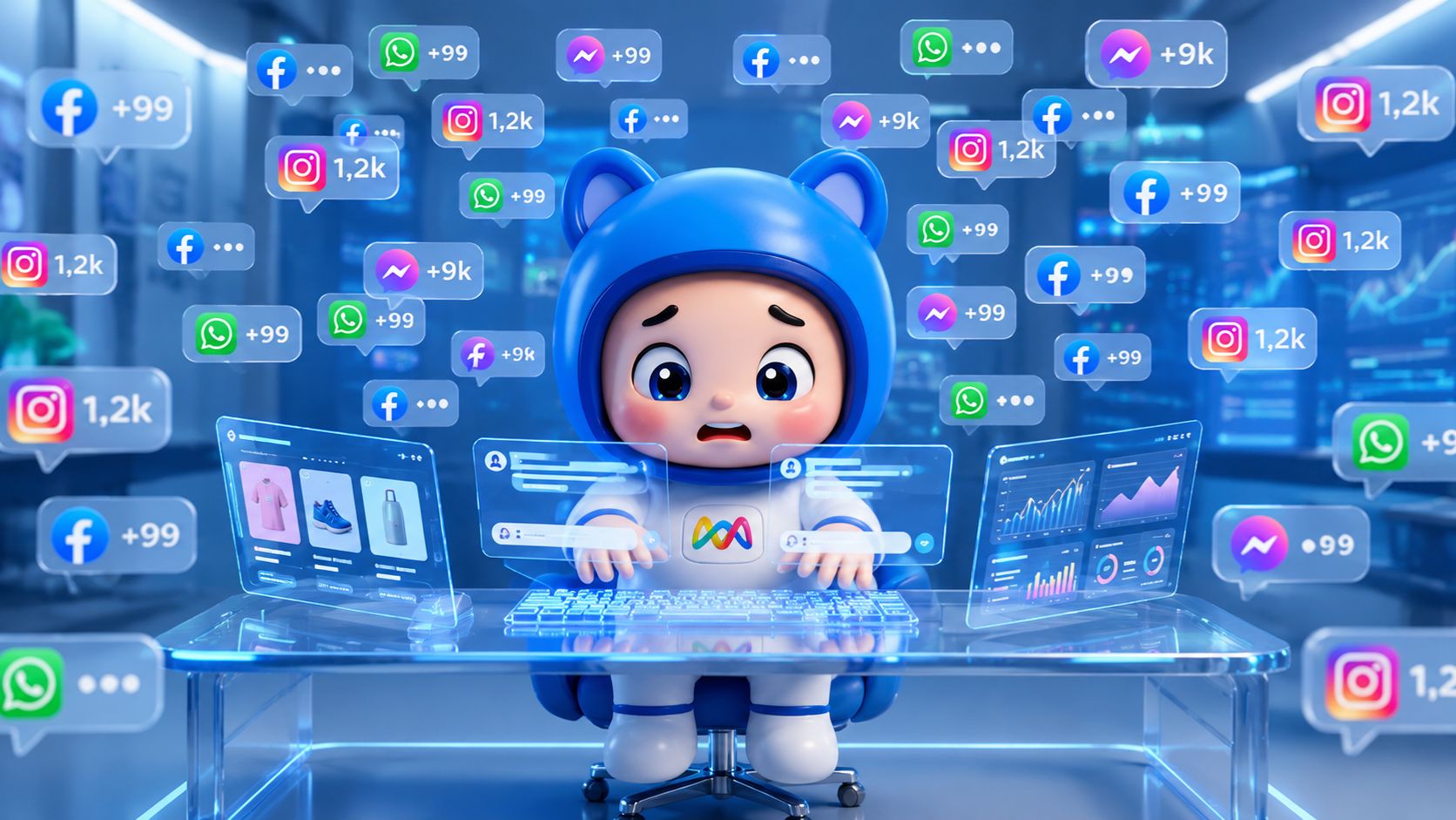 Mascot AI Veno gấu xanh phi hành gia bận rộn điều khiển hàng ngàn tin nhắn đến trên nhiều màn hình.