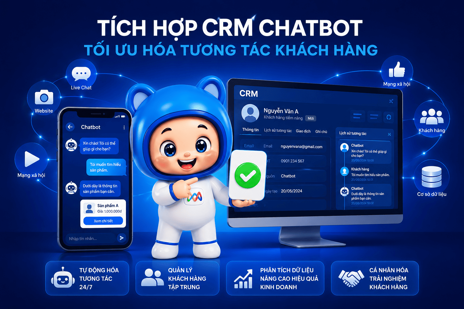 Tích hợp CRM Chatbot giúp doanh nghiệp tự động hóa chăm sóc khách hàng, đồng bộ dữ liệu CRM, quản lý hội thoại và tối ưu trải nghiệm khách hàng đa kênh.