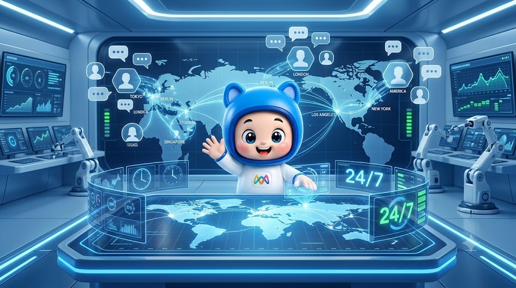 Mascot AI Veno gấu xanh phi hành gia điều khiển trung tâm chỉ huy toàn cầu, tự động hóa quản lý tin nhắn 24/7.