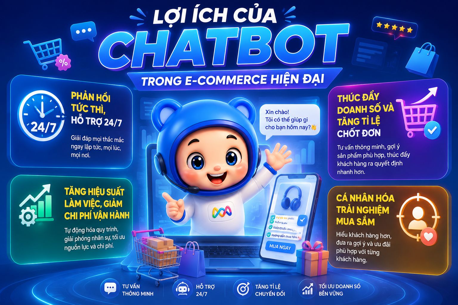 Lợi ích của Chatbot AI trong E-commerce hiện đại: phản hồi tức thì 24/7, tăng hiệu suất làm việc, giảm chi phí vận hành, thúc đẩy doanh số, tăng tỷ lệ chốt đơn và cá nhân hóa trải nghiệm mua sắm.
