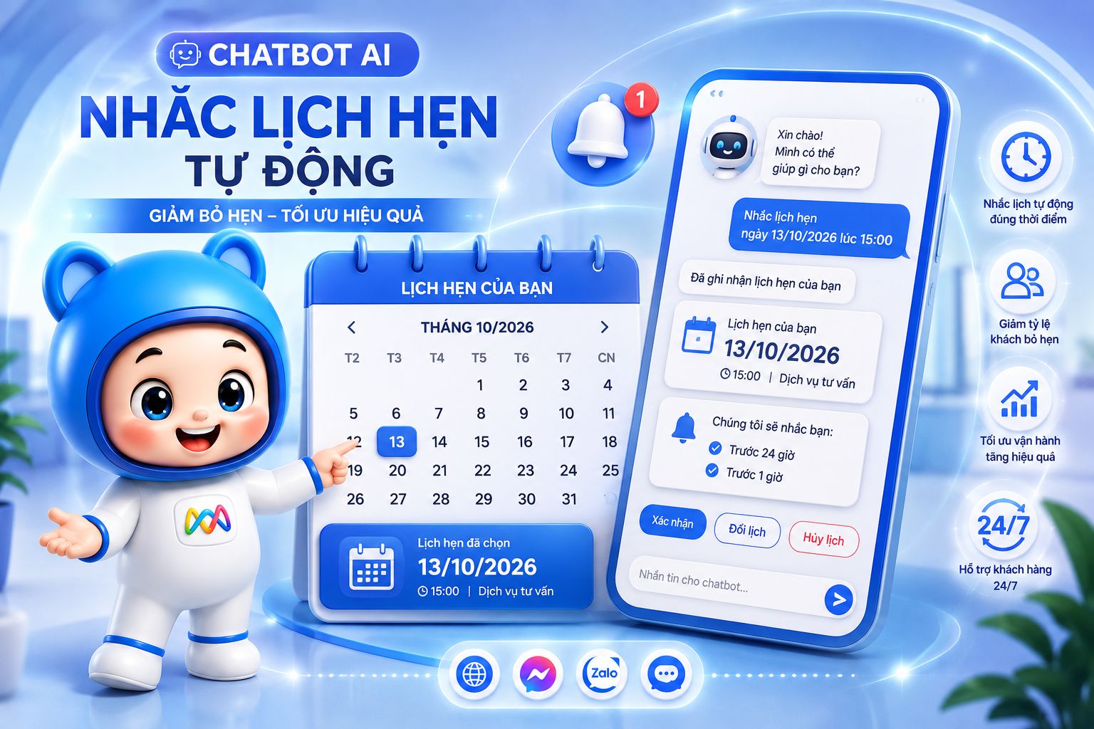 Chatbot AI nhắc lịch hẹn tự động hỗ trợ doanh nghiệp quản lý lịch